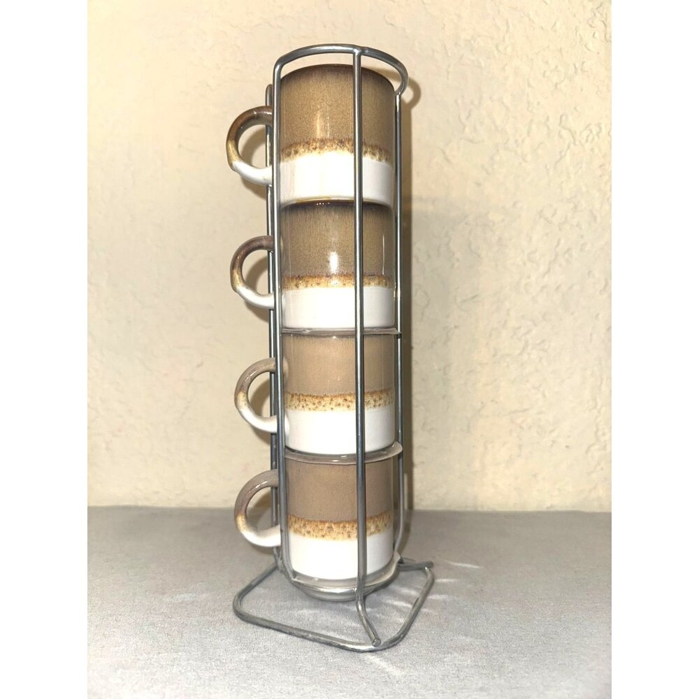 Stoneware Stacking Espresso Cups Set Of 4 With Metal Rack